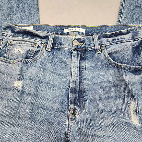 PacSun Jeans Men's Vintage Loose Crop Distressed Blue Denim Raw Hem Fringe Sz 34 - Picture 3 of 7